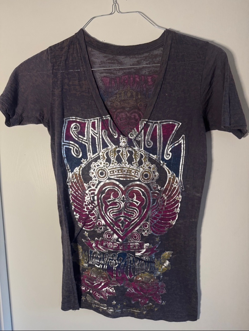 Ed Hardy Women's Black Short Sleeve Tee with Pink and Gold Graphic